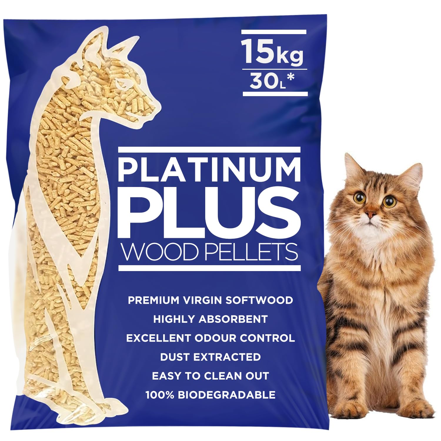 Platinum Plus Cat Litter 30L Bag | Premium Natural Wooden Pellets- Odour Control - Biodegradable Wood Pellet - Dust Free Absorbent Woods - House Training Chip Litter for Cats & Kittens - Eco Softwood