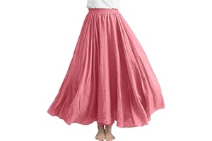 BORNIU Womens Linen Maxi Skirts Summer Boho Solid Beach Elastic High Waist Pleated A-Line Flowy Swing Long Maxi Skirts