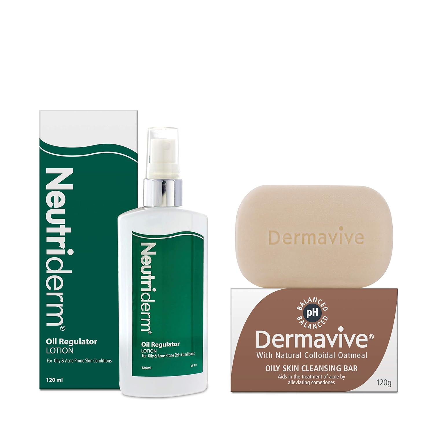 Neutriderm Oily Prone Skin pack - Neutriderm Oil Regulator Lotion 120ml, Dermavive Oily Skin Cleansing Bar 120g with Natural Colloidal Oatmeal. Exfoliates, cleanses sebum rich pores
