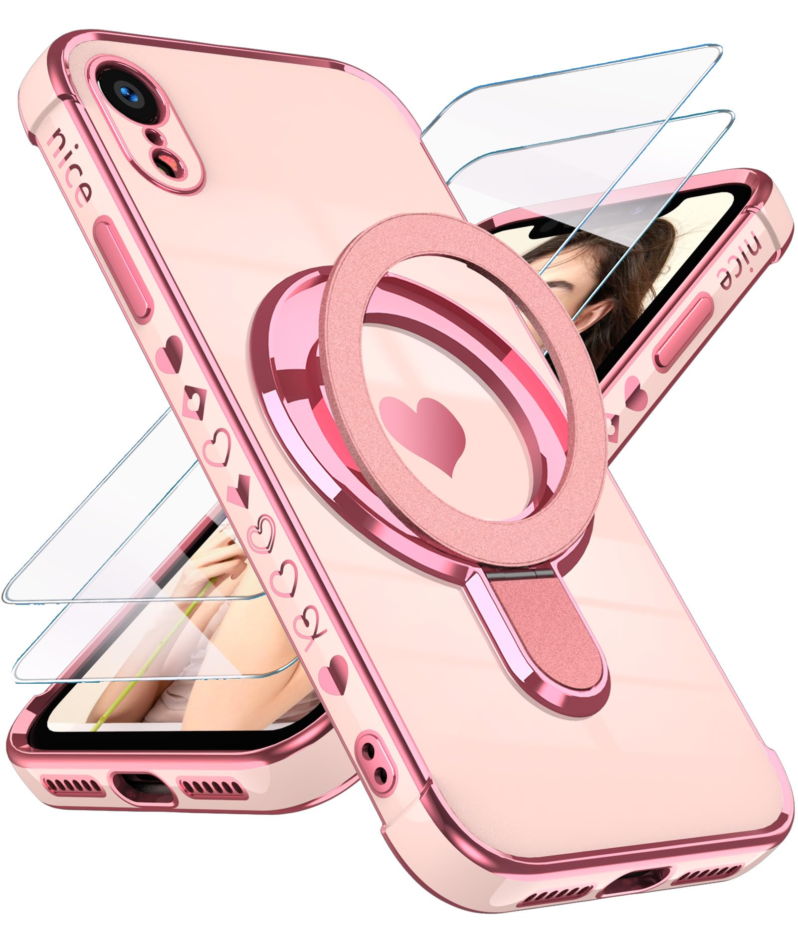 Photo 1 of Liufcx for iPhone XR 6.1" Love Heart Kickstand Case with 2X Screen Protector: Luxury Plated Gold Edge Slim Soft TPU Shockproof Protection Case Cover for iPhone XR (Pink)