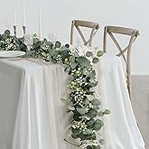 SOMYTING Artificial Eucalyptus Garland with White Flowers 2 Packs 5.9Ft Silver Dollar Leaves Eucalyptus Garland Faux Greenery Vines for Wedding Arch Table Runner Mantle Party Room Decor