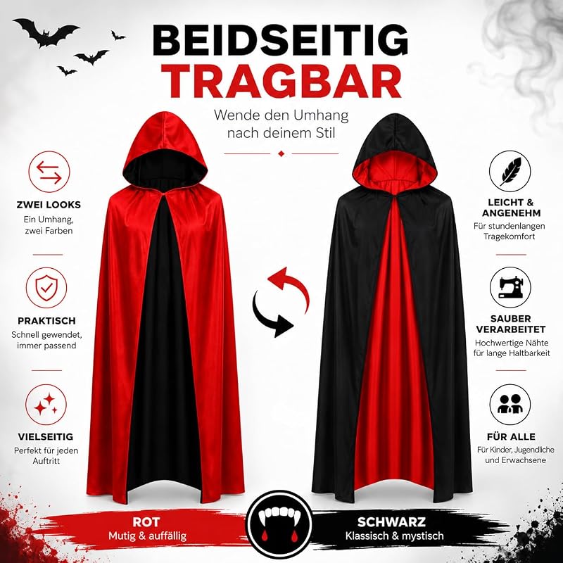 Umhang rot & schwarz mit Kapuze - für Halloween & Fasching & Karneval Vampir Kostüm für Kinder & Erwachsene, Beidseitig — Foto 2 von 8