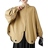 ellazhu Women's Shirt Coat Lapel Button Down Long Lantern Sleeve Solid Irregular Hem Plus Size GZ700 A