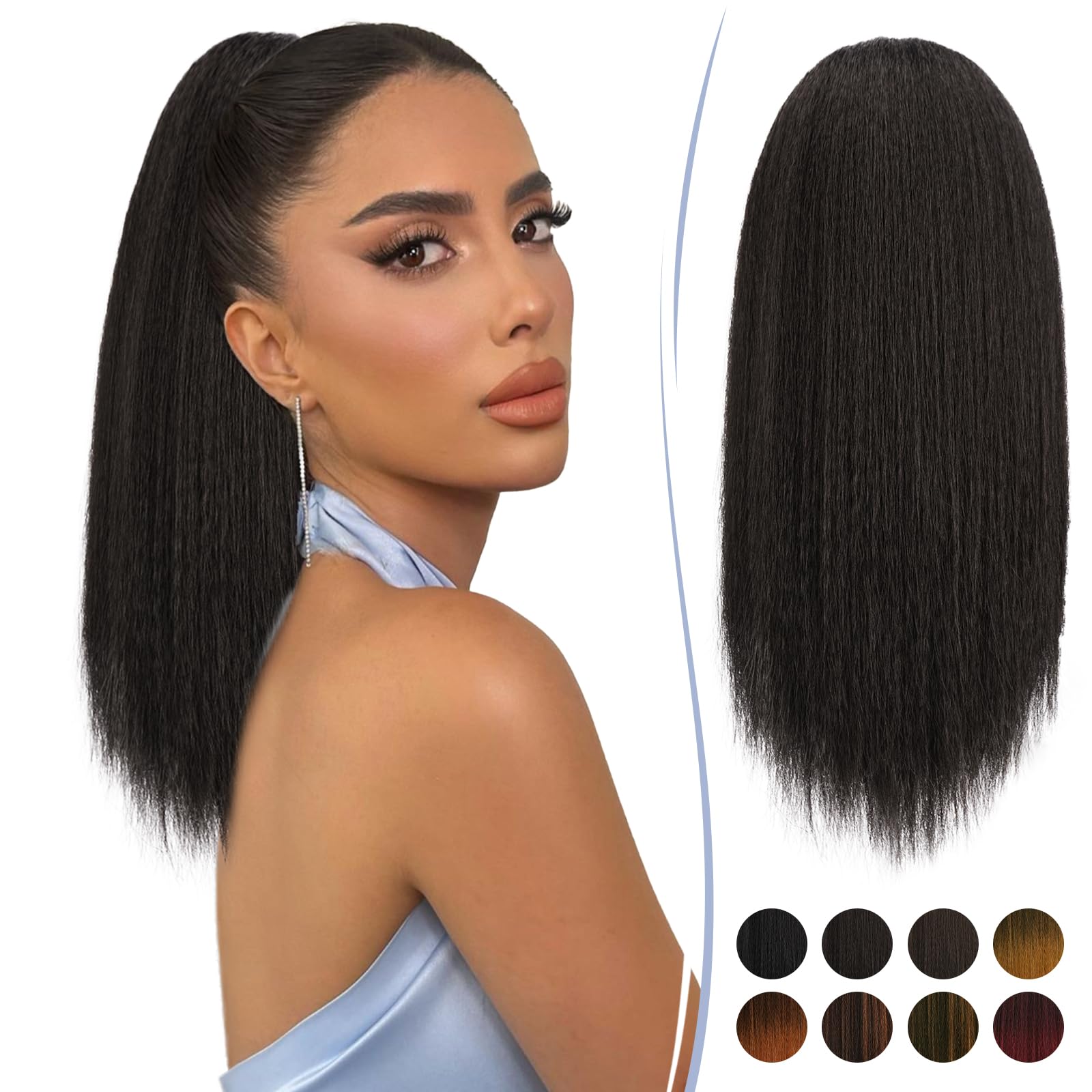 RUWISS Drawstring Ponytail for Black Women Yaki Straight Ponytail Hair Extension 16 Inch Thick Pony Tail Clip in Synthetic Ponytail Hairpiece Black Brown