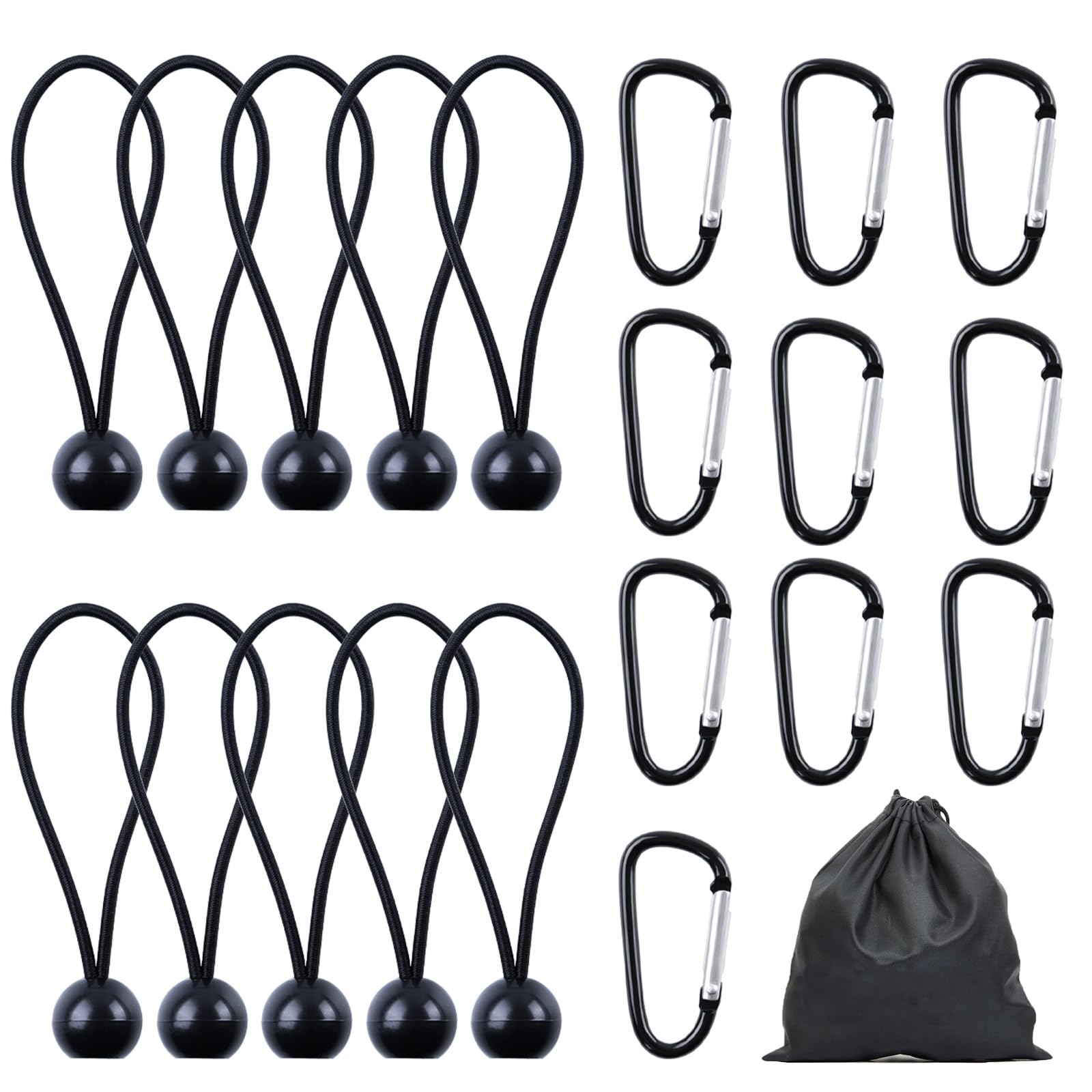 wadafen 30 Pcs Tarpaulin Clips Set, 10 Small Bungee Cord with Balls, 10 Carabiner Clips and 10 Tarp Clips Heavy Duty, Flexible Adjustable Bungee for Tarpaulin Tent Camping,Black