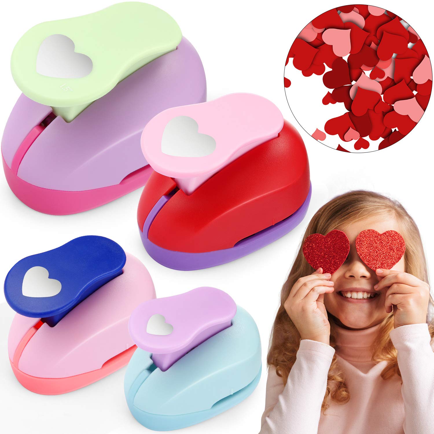 4 Pieces (1.5 Inch, 1 Inch, 5/8 Inch, 3/8 Inch) Craft Heart Shape Punch Scrapbook Paper Cutter Heart Shape Cutter Paper Crafts Puncher Handmade Hole Scrapbooking Punches Foam Hole Punches for Valent