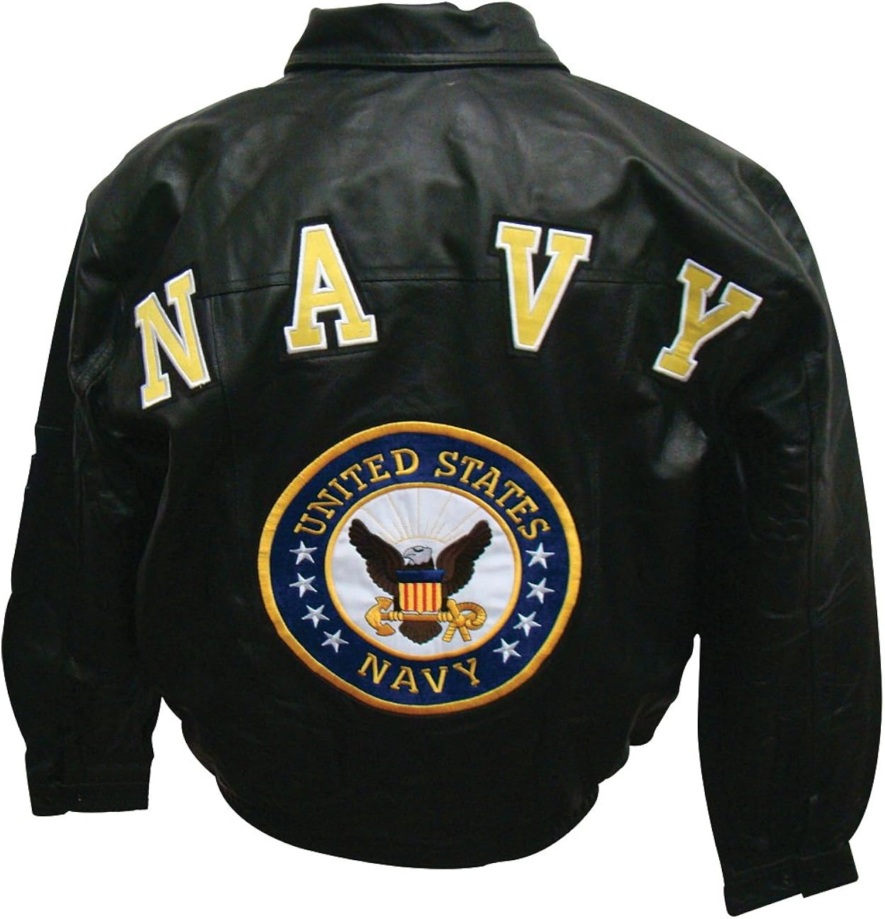 Navy Military Leather Jacket Features Coordinating Logos at Amazon Men
