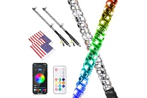 LED Whip Lights, AKD Part 2PCS 2FT UTV ATV Lighted Whips Bluetooth APP/Remote Control RGB LED Whips Antenna with Flags for Trucks Side by Side RZR Can-Am Kawasaki Honda Yamaha Accessories