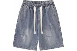 POHADON Y2K Blue Denim Shorts Summer Casual Loose Straight Leg Unisex Baggy Jeans Shorts Jorts Grunge Harajuku Streetwear