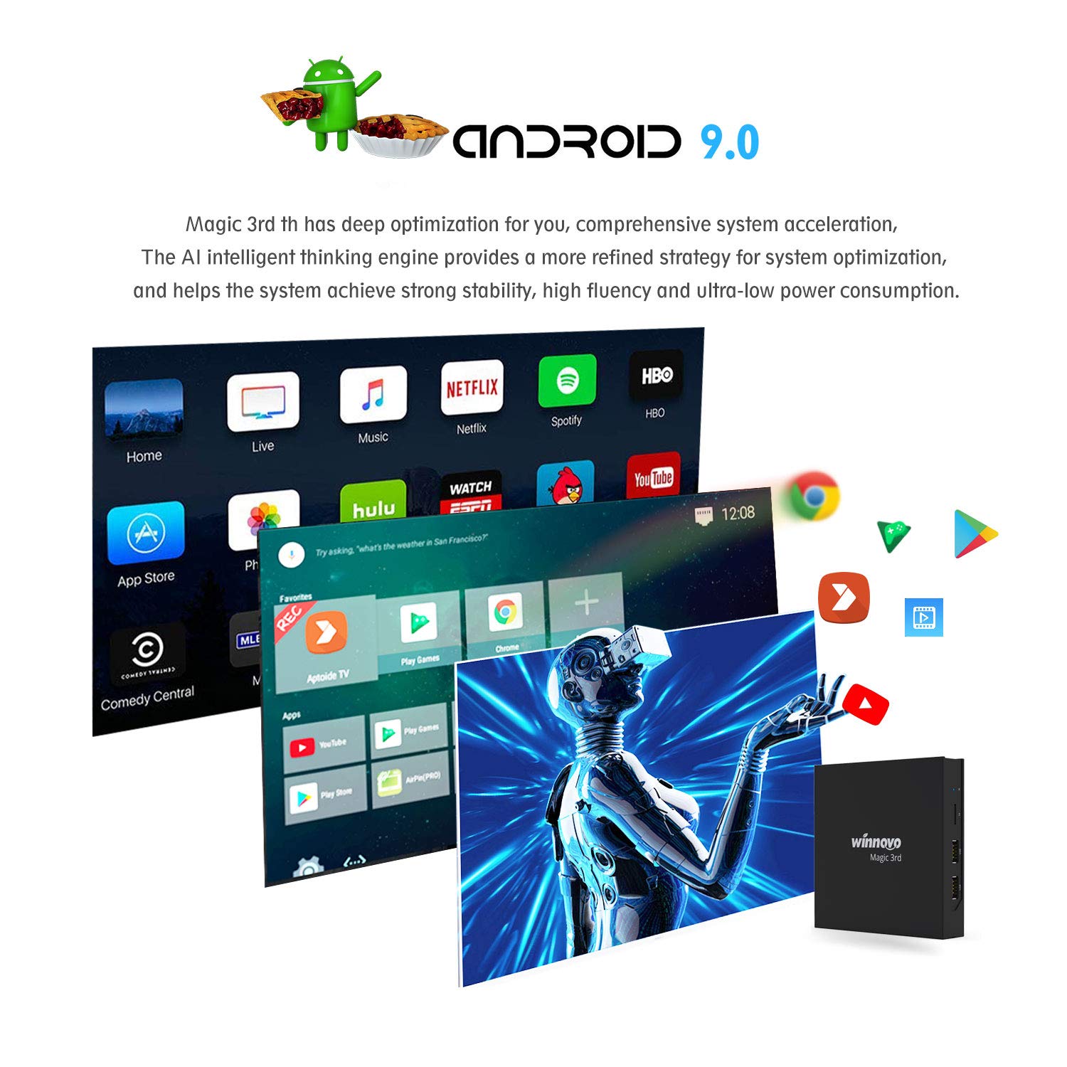 Winnovo 4K Android 9.0 TV Box, Magic 3rd Ultra HD 4GB RAM 32GB ROM Smart TV Streaming Player ARM 64 Bits Quad Core Processore, Supporto H.265/WiFi/USB/HDMI