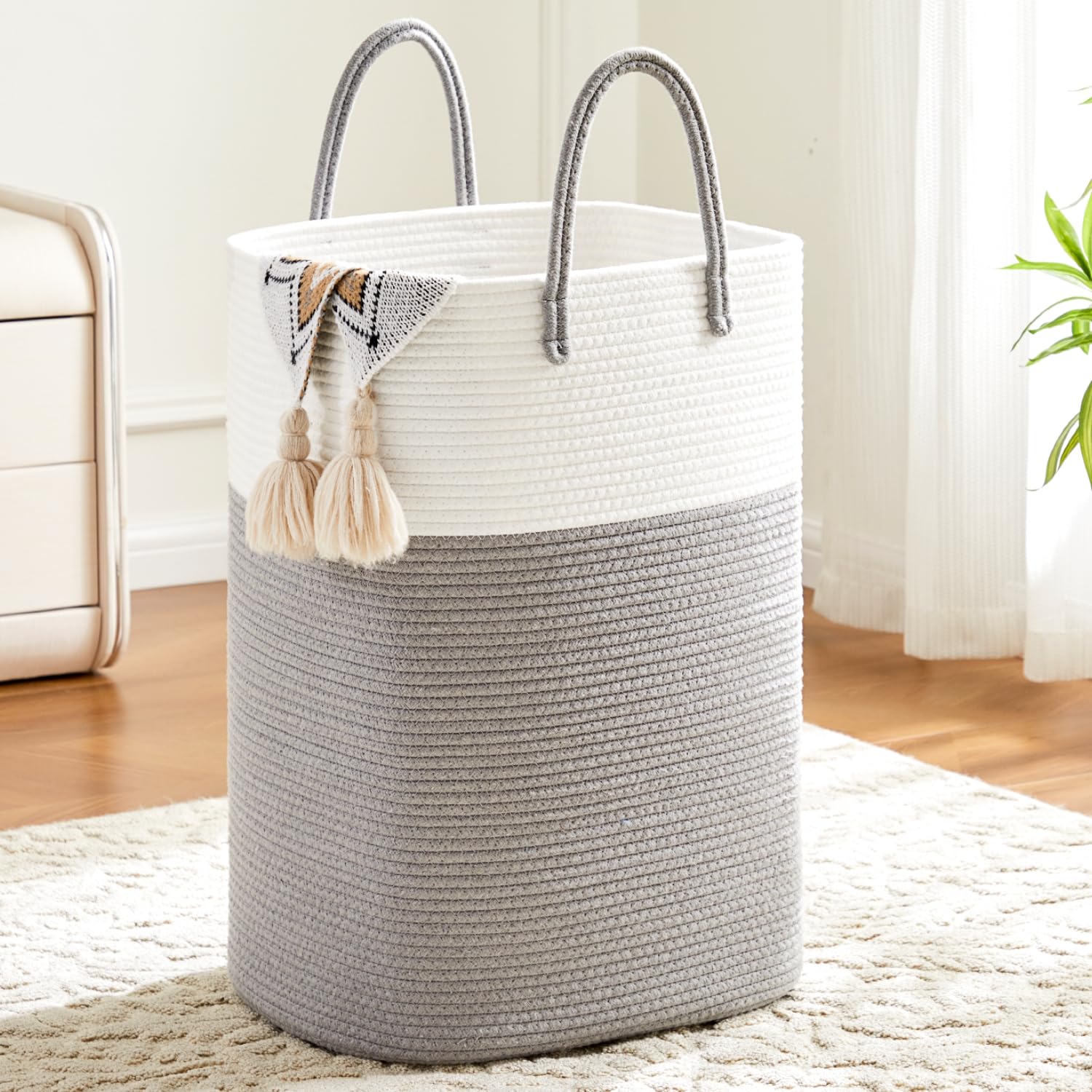 Photo 1 of Laundry Basket,Woven Cotton Rope Laundry Hamper,Versatile Storage for Dirty Clothes,Baby Toys,and Blankets in Bathroom, Nursery,and Living Room (Grey, 80L)