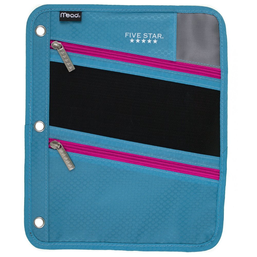 Five Star Zipper Pouch, Pencil Pouch, Pen Holder, Fits 3 Ring Binders, Teal / Bright Pink