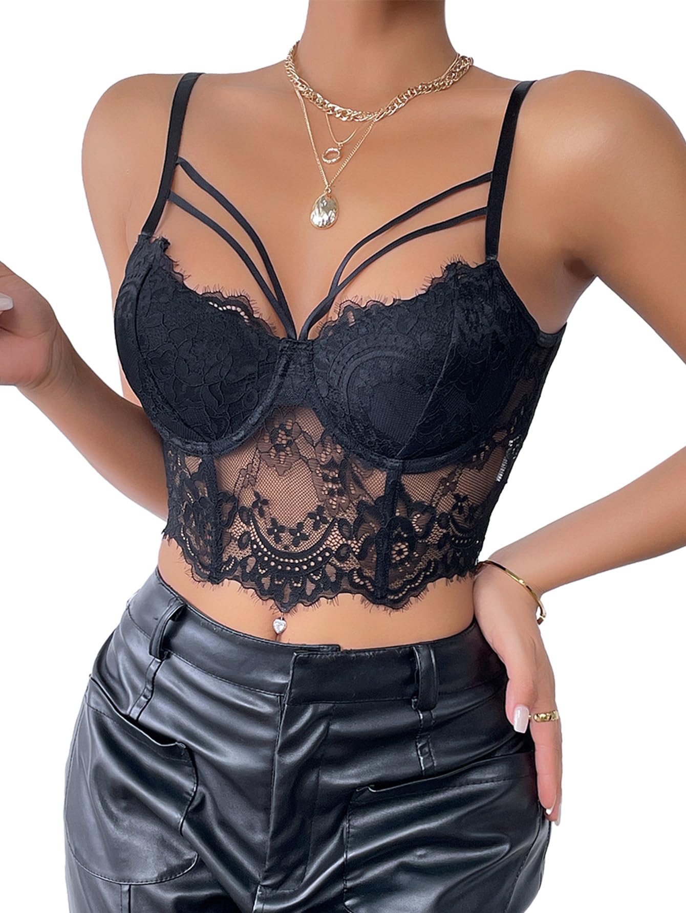 Photo 1 of Lilosy Sexy Underwire Lingerie Floral Lace Crop Cami Tank Top Women Sheer Longline Bralette Night Out Party Bra Strappy Black 2# Large