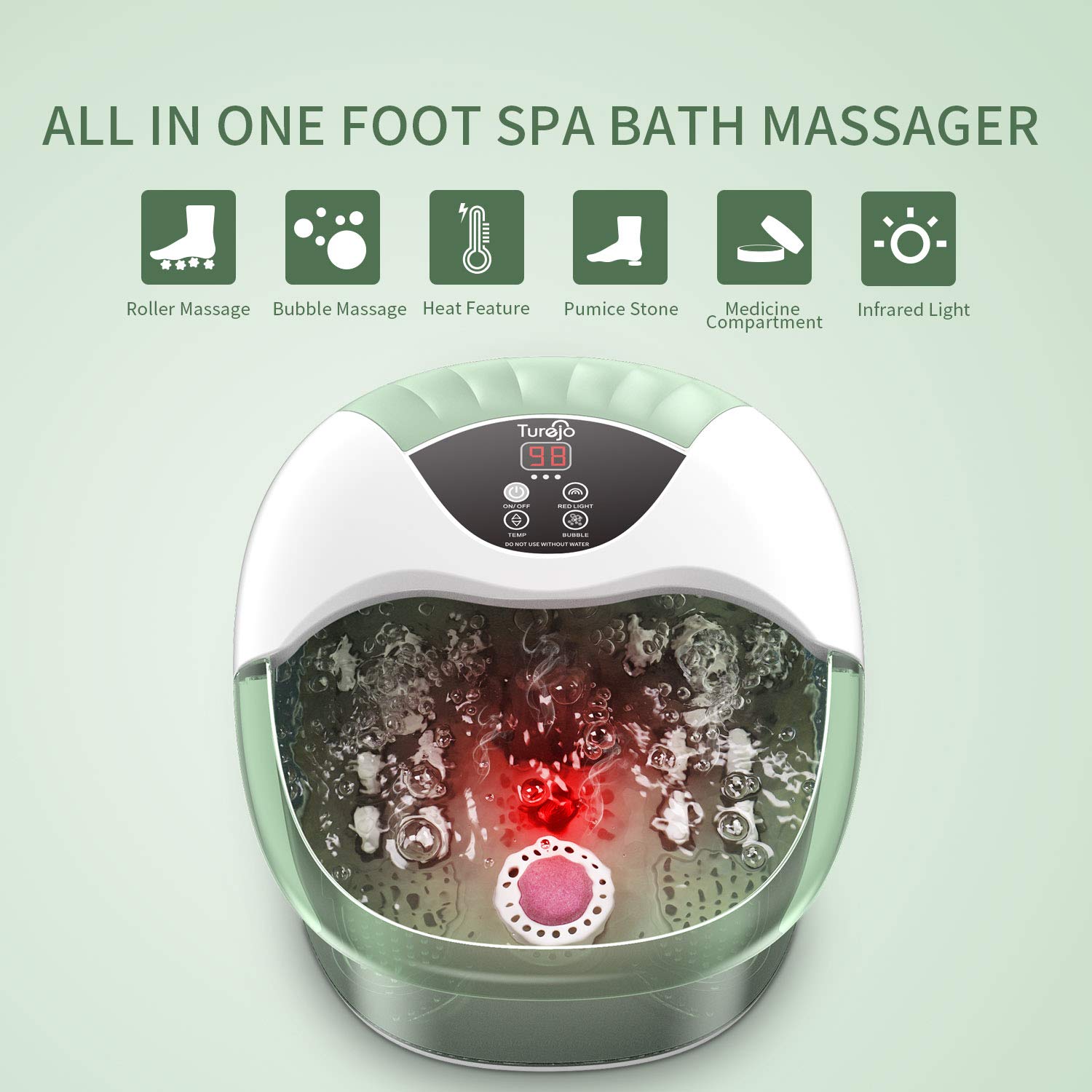 Turejo Foot Spa/Foot Bath Massager with Heat, Bubbles,14 Massage Rollers, Temperature Control, Pumice Stone and Medicine Box for Spa Treatment at Home, Fatigue Relief-Neo Mint Green: Beauty