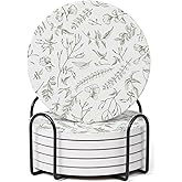 Hoomey Set of 6 Floral Sage and White Coasters with Holder, Absorbent Ceramic Drink Coasters with Cork Backing for Table Protection, Coffee Table Décor