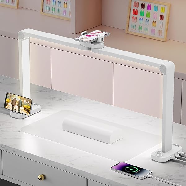 IVICT NAIL DESK LAMP, 34″ NAILS TECH LIGHT WITH PHONE STAND, 0-100% ADJUSTABLE BRIGHTNESS, 3000K-6000K COLOR TEMPERATURE LED DESK LAMP FOR NAIL, TATTOOS, EYEBROWS, BEAUTY