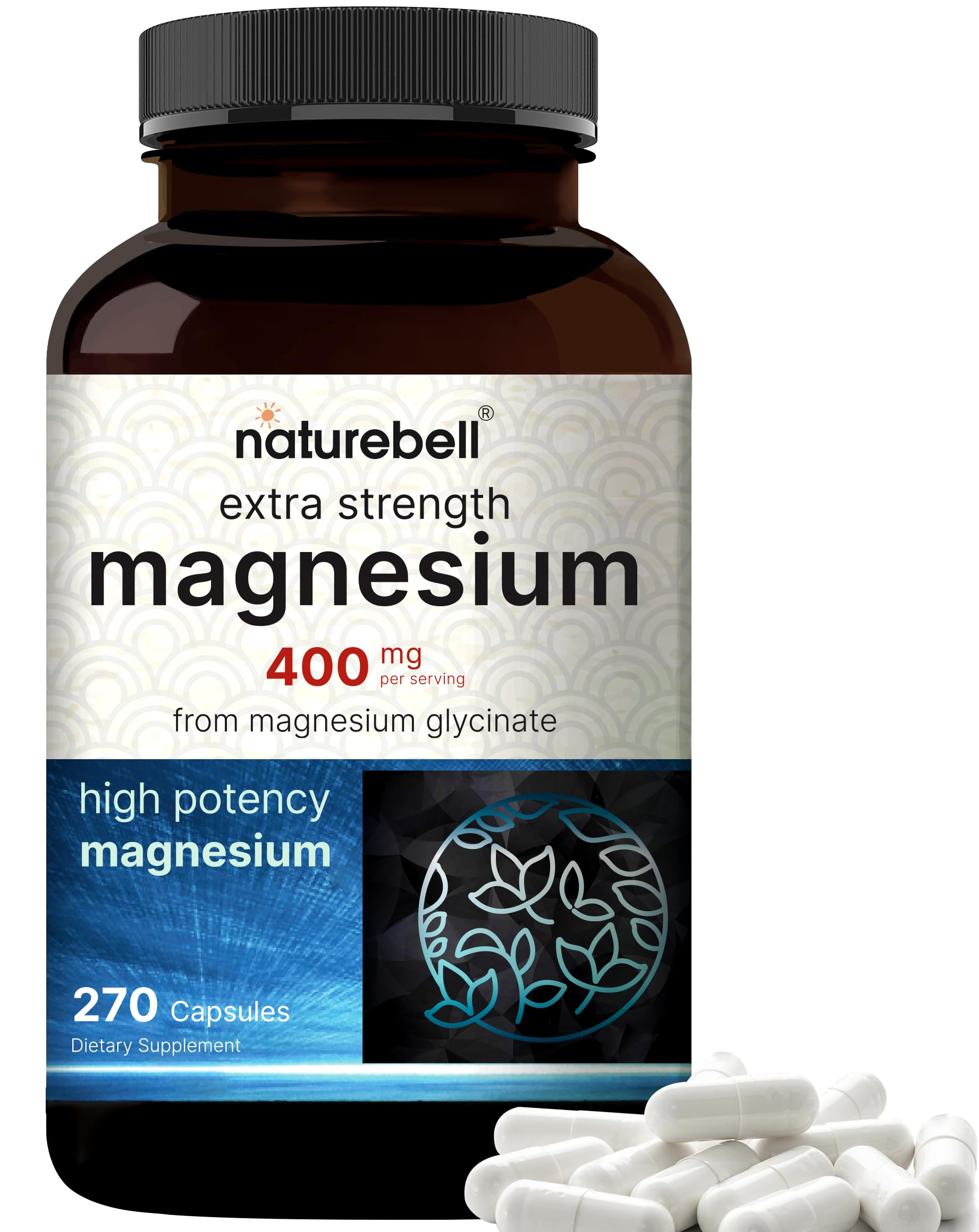 NatureBell Magnesium Glycinate 400mg Elemental, 270 Capsules | 100% Chelated for High Absorption | Supports Muscle, Bone & Heart Health | Non-GMO, Gluten-Free, Vegan