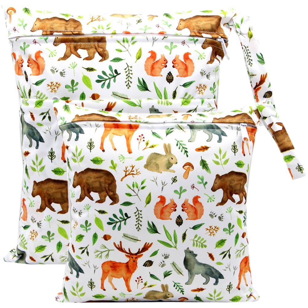 FenFang Wet Bag, Wet Dry Bags for Cloth Diapers Nappy Daycare Organiser Storage Bags, Waterproof Washable Reusable Zipper Bag (White Animal)