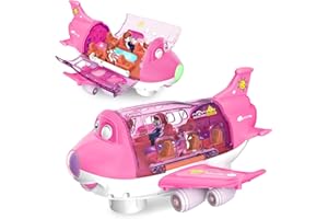 Ynybusi Pink Airplane Toys for Toddlers 1-3-5, Toy Airplane for 4-8 Year Old Boys Girls Birthday, Toddler Toys Bump and Go Action Air Plane with LED Flashing Lights & Sounds (Pink)