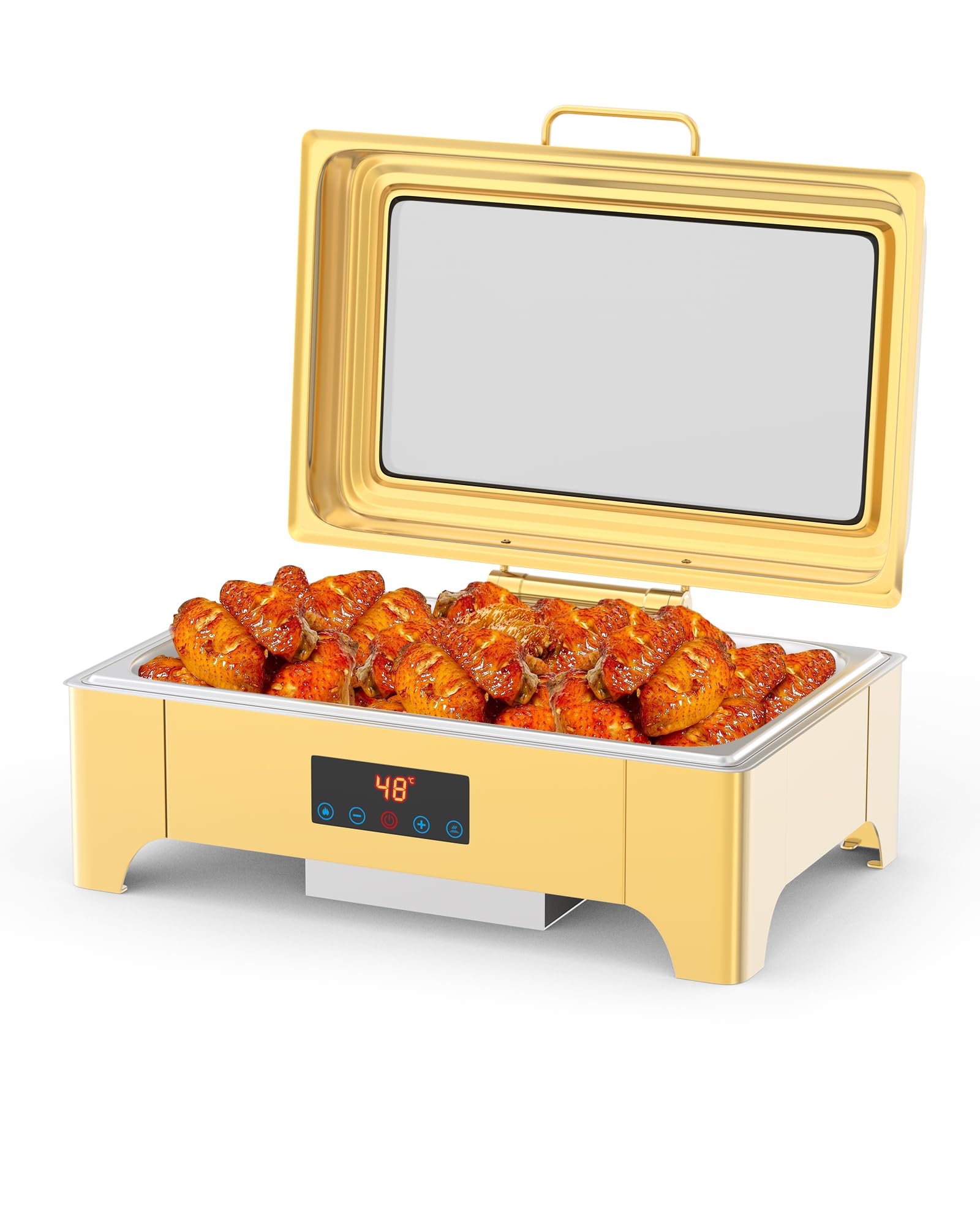 Photo 1 of Electric Chafing Dish, 9 QT Full Size Touch Screen Chafing Dishes for Buffet Roll Top Set Food Servers and Warmer with Glass Lid for Catering, Parties, Weddings, Gold