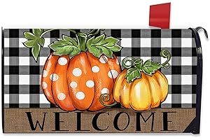 FBCOO Welcome Fall Pumpkin Mailbox Cover Magnetic Standard Size 21" x 19", Autumn Buffalo Plaid Check Polka Dot Decorative Post Letter Box Decor, Thanksgiving Farmhouse Garden Yard Outdoor Decoration