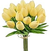 Mandy's Artificial Tulips 20 Stems Light Yellow PU Faux Flowers for Valentine's Day and Easter Decorations Wedding Home Decor 13.5 Inch