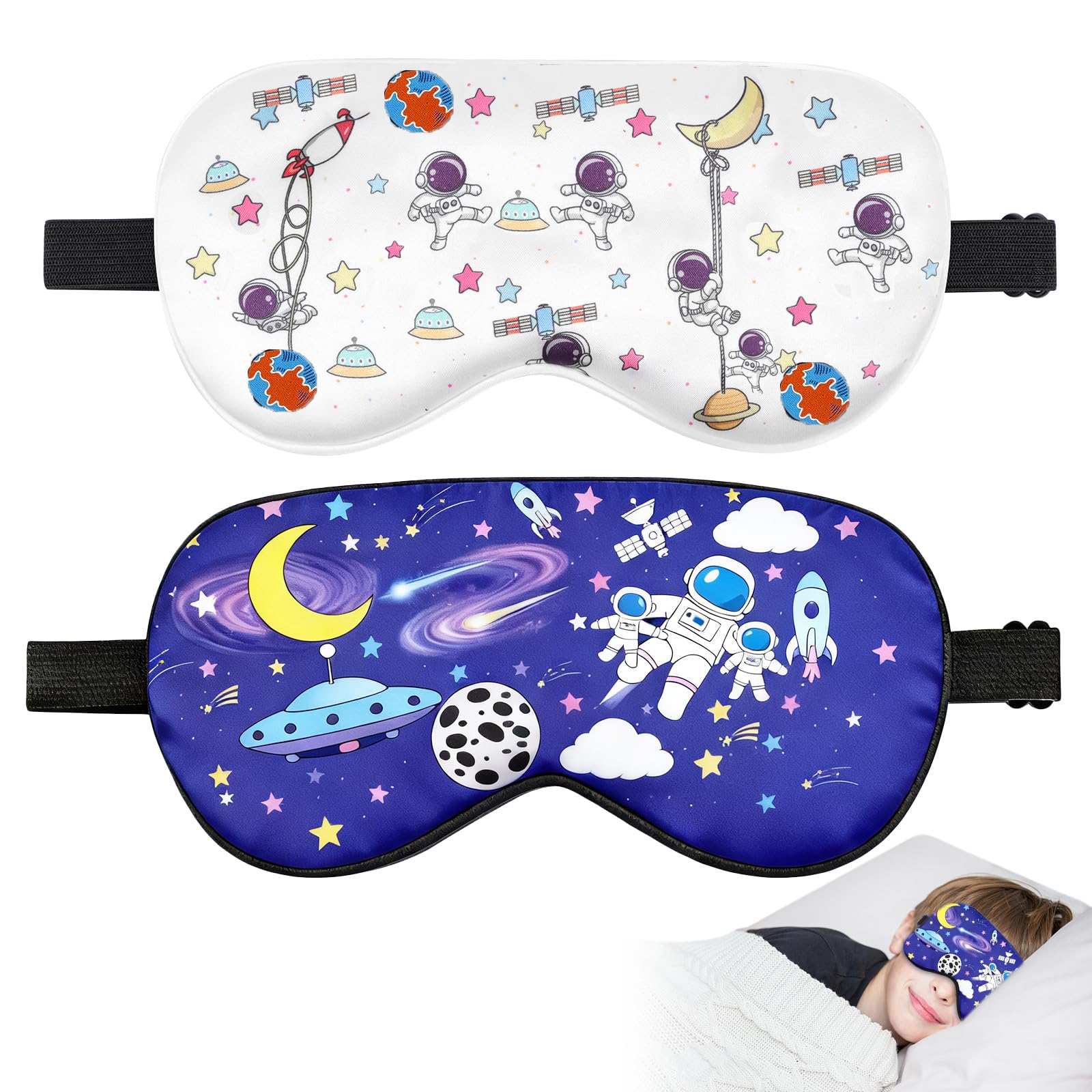 Photo 1 of 2 Pcs Sleep Mask for Kids Boys, Silk Eye Covers for Sleeping, Adjustable Strap & Light Blocking Design, Children's Bedtime Blindfold for Travel and Home Use (Astronaut)