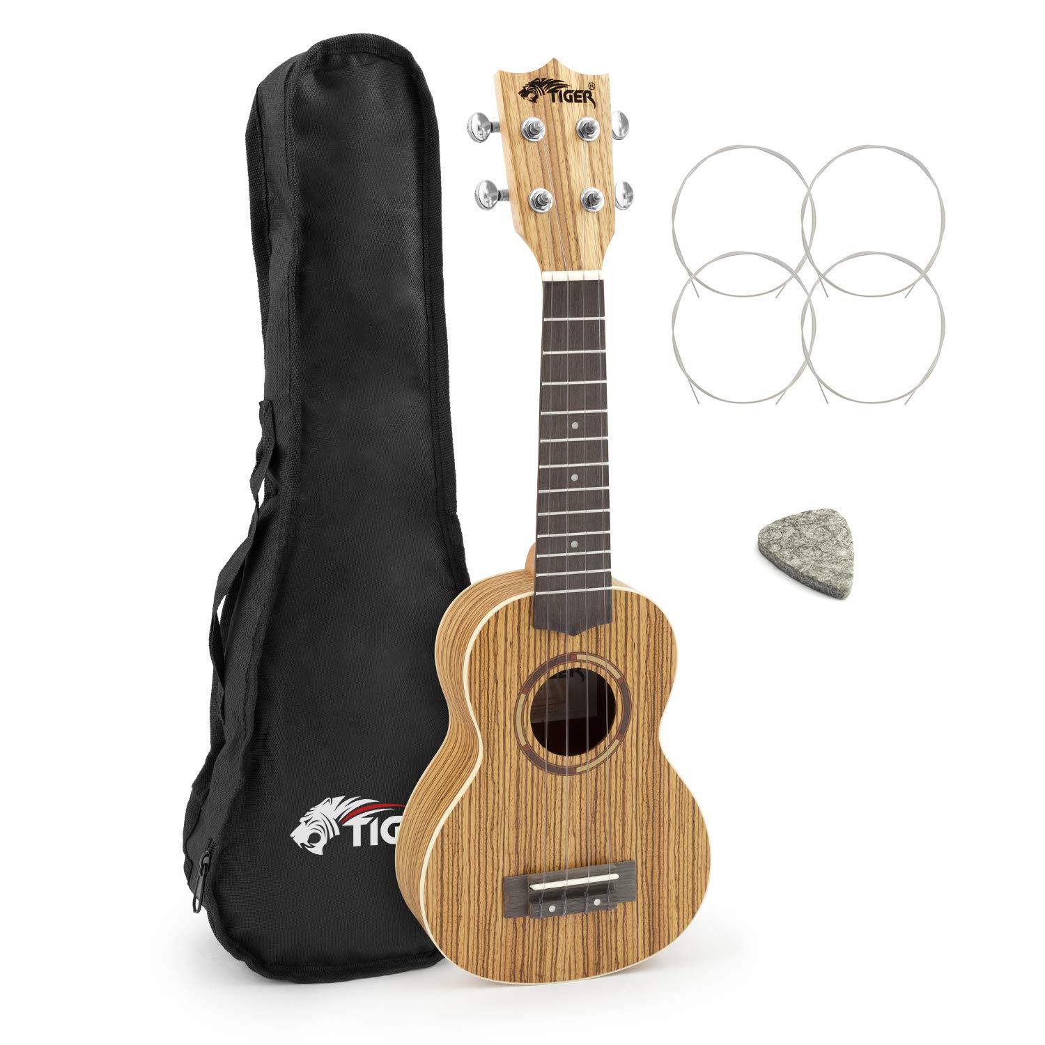 TIGER UKE14-ZB Soprano Ukulele with Fluorocarbon Strings, Gig Bag, Spare Strings and Felt Pick - Zebrawood — image 1