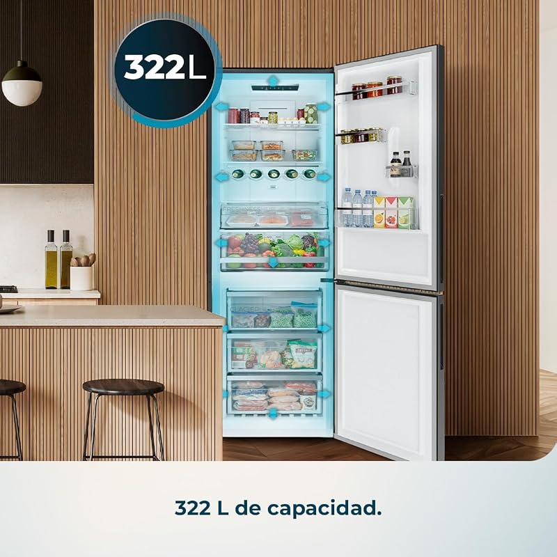 Bolero CoolMarket Combi 322i WD Inox E. 322L Total No Frost Combi Frigorífico. 185,5 cm de altura, 59,5 cm de largura, Classe E, Tecnologia Multi Airflow, HumidityFlex HUB, LED interior, Aço Inoxidável