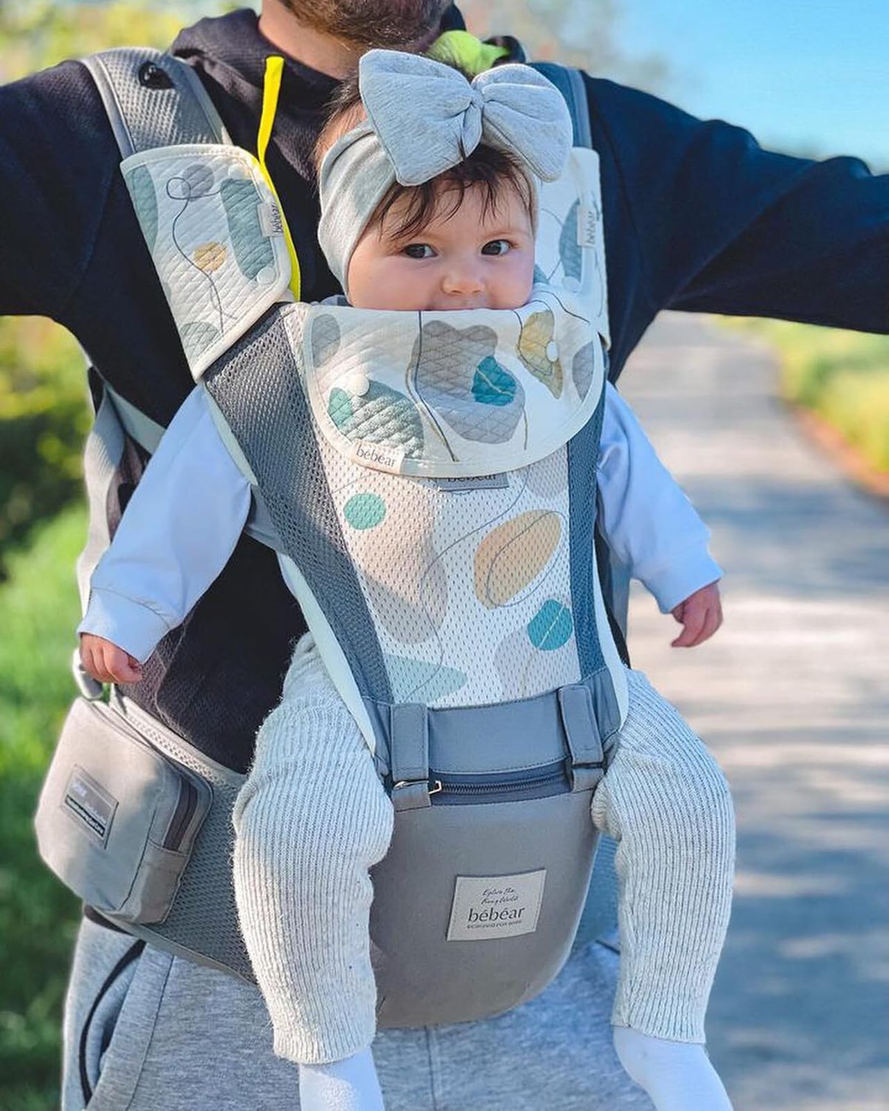 Bebamour Baby Carrier Newborn to Toddler-Baby Hip Carrier Front and Back Carry with Head Hood & 3 Pieces Teething Pads& Waist Extenders & Storage Bag (Grey)
