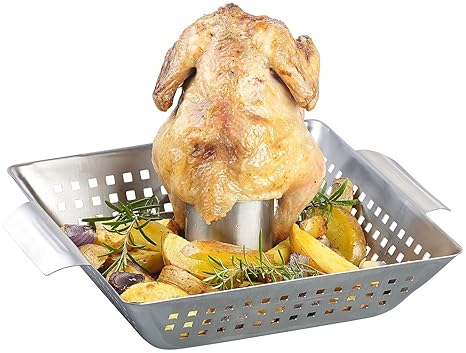 Rosenstein & Söhne Hähnchenbräter: BBQ-Hähnchen-Griller mit Aroma-Behälter für ganze Hähnchen (Hähnchenhalter)