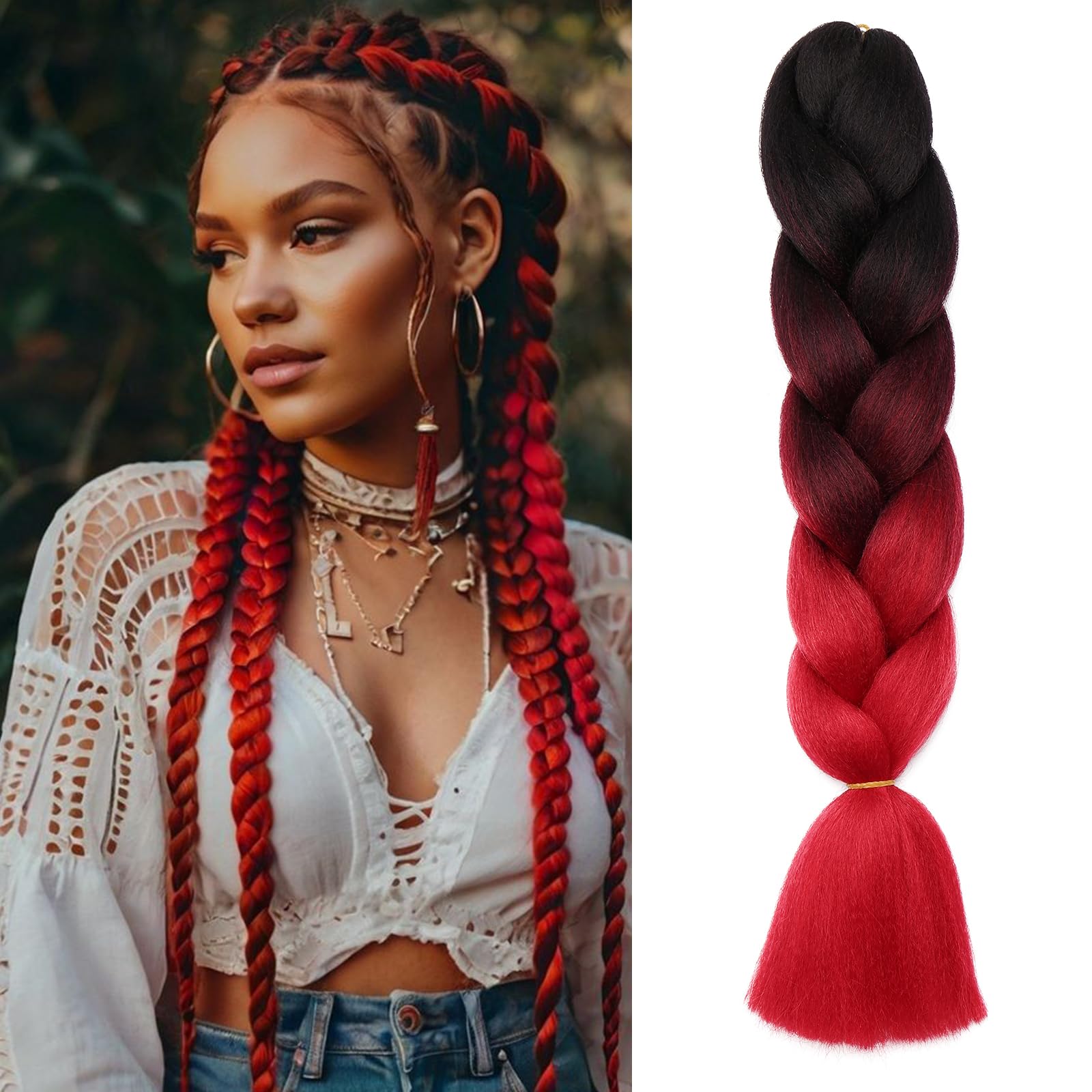 Jumbo Braids Hair Afro Braiding Hair Extensions Red 24inch 3 Tones Ombre Synthetic Heat Resistant [100g; Black-Wine Red-Red] — image 1