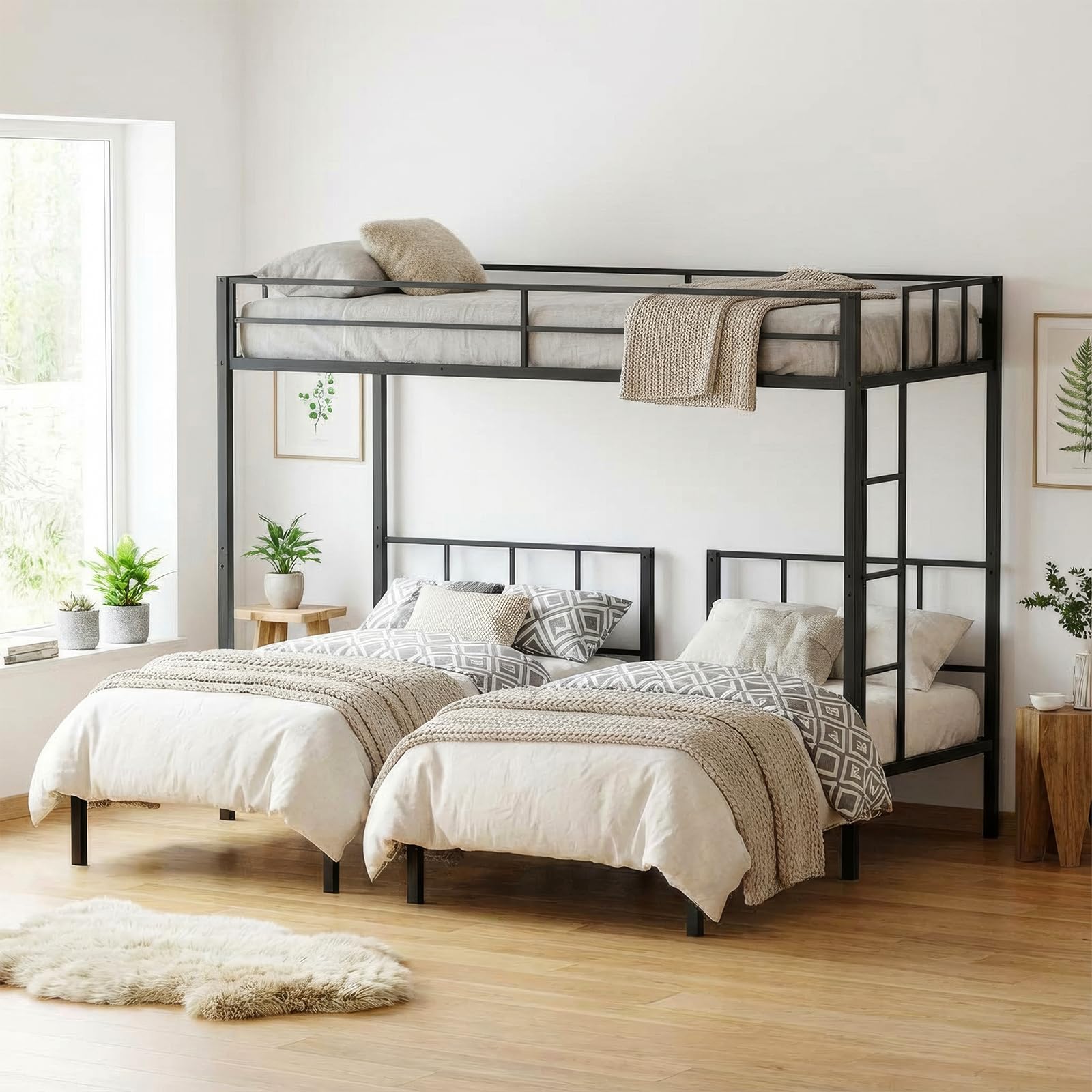 Photo 1 of Mixcous Triple Bunk Bed Twin XL Over Twin & Twin - Convertible to 3 Beds, Heavy Duty Metal Frame with Adjustable Ladder, Noise-Free & Anti-Wobble Design, Space-Saving for Teens & Adults, Black