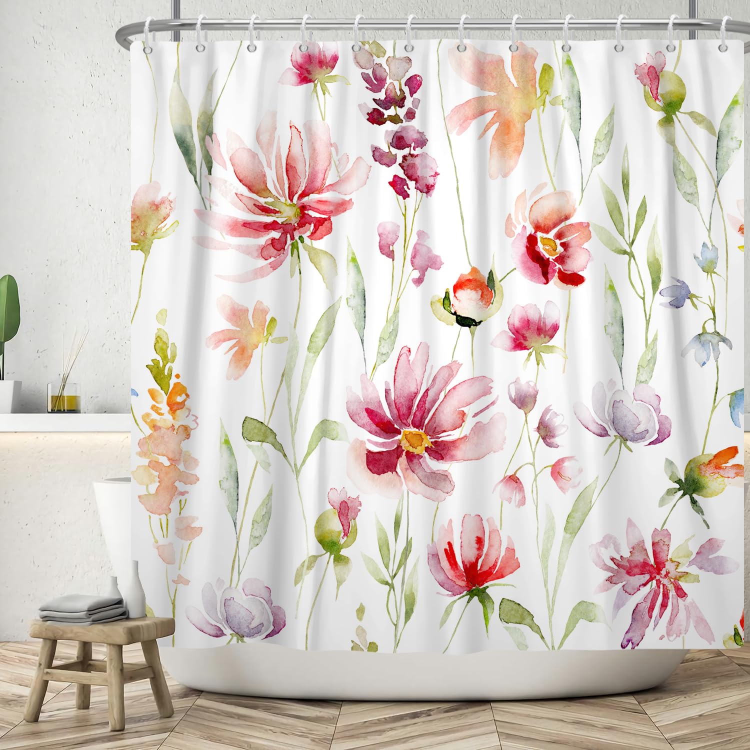 ASDCXZ Flower Shower Curtain 180x180 cm, Spring Watercolor Rose Purple Colorful Flowers Green Leaves White Washable Shower Curtains Polyester Textile Waterproof Bath Curtain for Bathtub with 12 Hooks — image 1