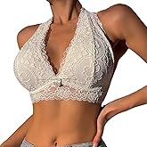 Viomisha Floral Lace Halter Bralette for Women Unpadded Wirefree Lace Bra Halter Crop Top with Hook and Eye Closure Back