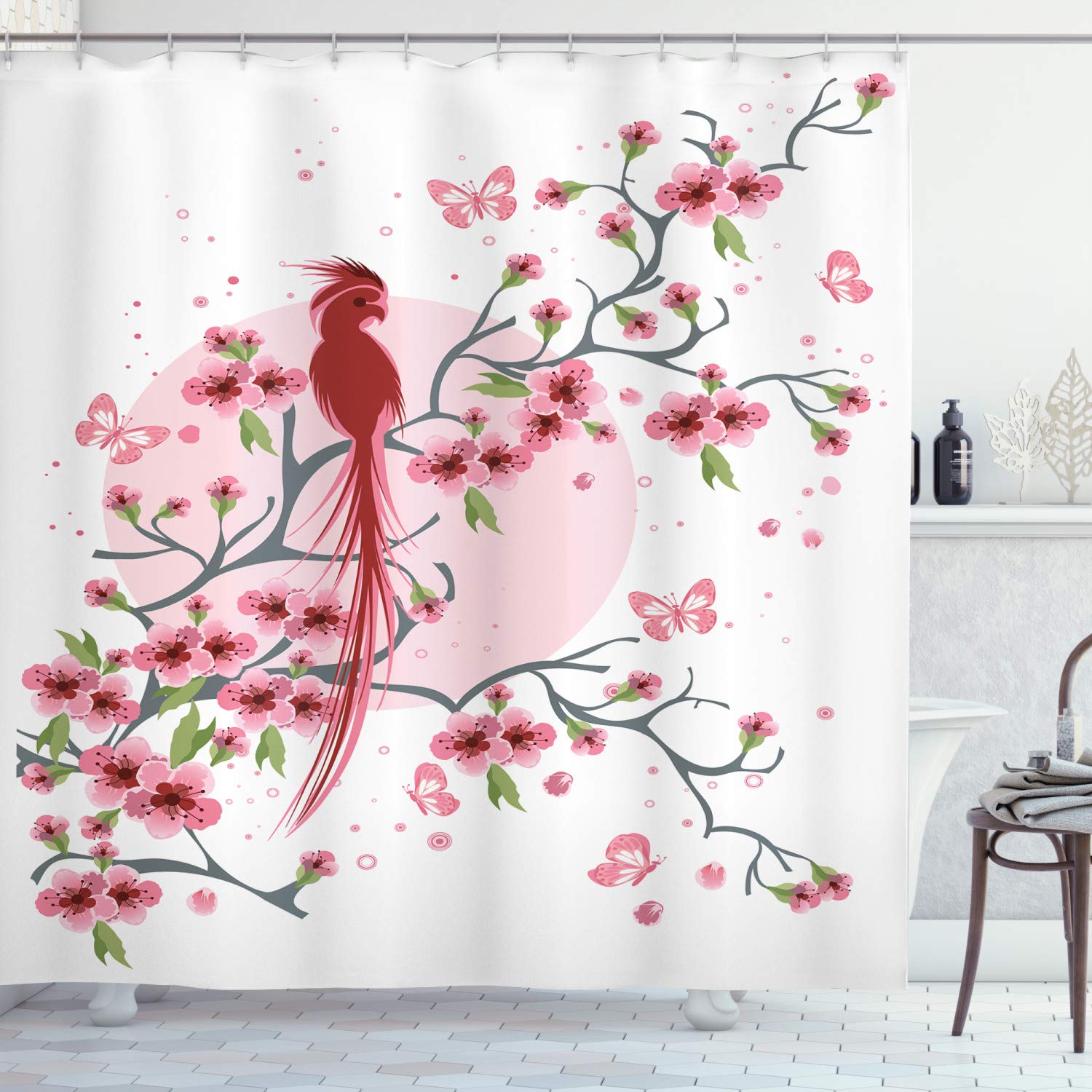 ABAKUHAUS Japanese Shower Curtain, Mythical Long Lived Phoenix Bird on Floral Sakura Branch Looking Back Artwork, Cloth Fabric Bathroom Decor Set with Hooks, 86 Inches Extra Long, Pink