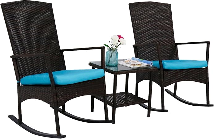 Amazon Com Kinbor 3 Piece Brown Pe Rattan Rocking Chairs Outdoor Bistro Set With Glass Coffee Table Wicker Rocker Outdoor Furniture With Blue Cushions For Front Porch Garden Lawn Deck Pool Kitchen