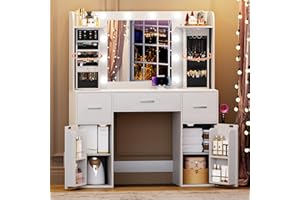 EasyCom Vanity Desk with Rotating Jewelry Organizers, Makeup Vanity with Mirror and Lights, Dressing Table with USB-C Charging Station, 3 Drawers and 2 Cabinets for Bedroom, Dressing Room, White