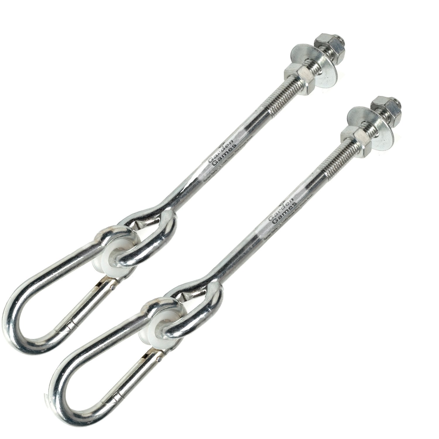 Garden Games Swing Hooks Heavy Duty M12 Swing Hanger Bolts with Carabiner Clips to Hang Swing Accessories or Swing Seats from a Climbing Frame or Swing Frame (Pair)