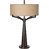 Franklin Iron Works Tremont Rustic Farmhouse Table Lamp 31 1/2" Tall Allegheny Bronze Brown Iron Burlap Fabric Drum Shade for