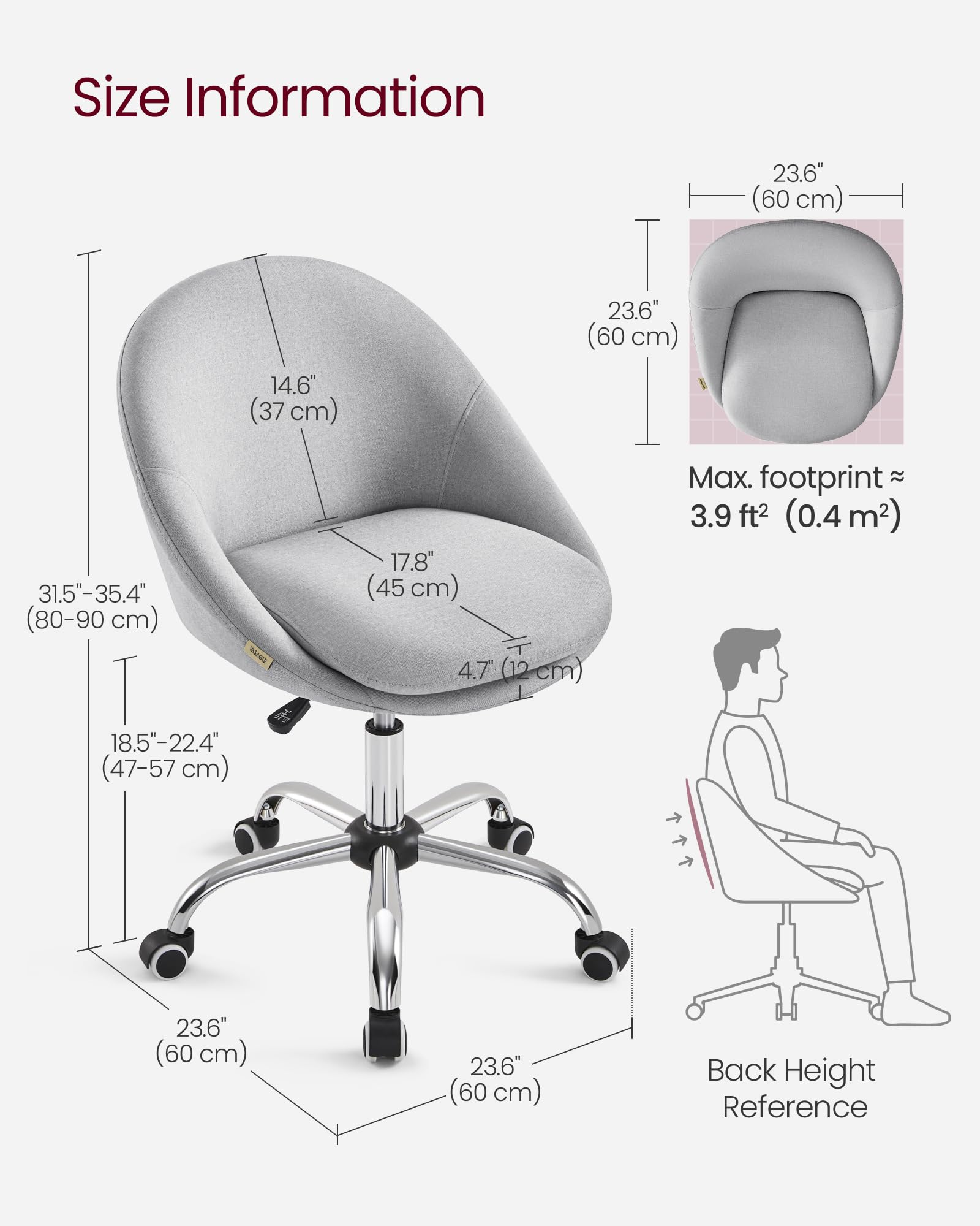 VASAGLE Office Chair, Vanity Chair, Desk Chair, Cotton-Linen Fabric, Foam Padding, Adjustable Height, for Home Office, Study, Bedroom, Dove Gray UOBG020G91