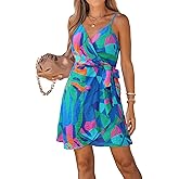 CUPSHE Women Spaghetti Strap Summer Dress Surplice V Neck Wrap Waist Tie Casual Beach Sundress Holiday Vacation Mini Dress