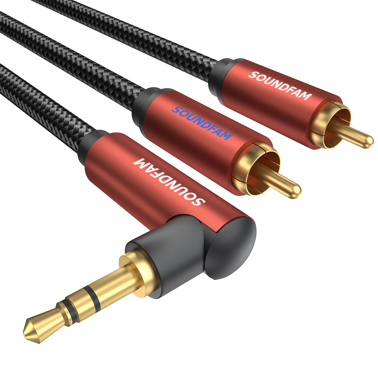 SOUNDFAM 90 Degree 3.5mm to 2 RCA Audio Cable, Braided Aux to RCA Stereo Cable Gold Plated Connectors for Home Theater, Hi-Fi System, Car Audio Wine Red (2m)