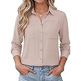 Kistore Womens Button Down Shirts Striped Linen Long Sleeve Blouses Business Casual Office Work Tops Loose Fit with Pockets