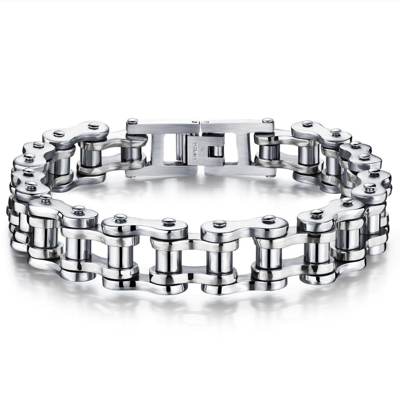 JewelryWe Mens Stainless Steel Punk Rock Mechanical Style Bicycle Biker Chain Bracelet List Wrist, Silver