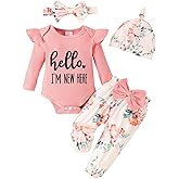 Baby Girl Summer Clothes I’m New Here Newborn Going Home Outfit Ruffle Ribbed Romper Tops Floral Shorts Set + Headband