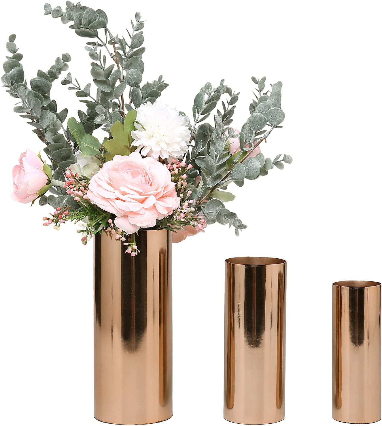 MyGift Tall Modern Copper Tone Metal Cylinder Decorative Centerpiece Flower Vases, Set of 3 Sizes