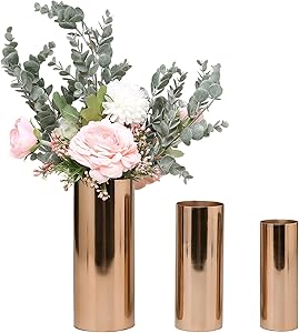 MyGift Tall Modern Copper Tone Metal Cylinder Decorative Centerpiece Flower Vases, Set of 3 Sizes
