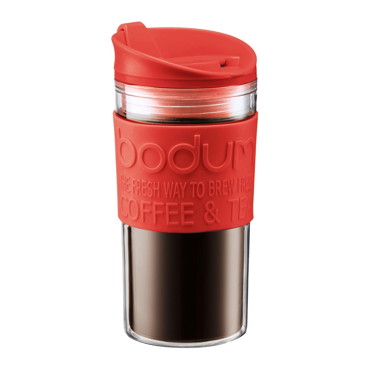 Bodum Double Wall Plastic Travel Mug Red Lid Band Insulated Coffee
