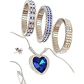 Silver SAPPHIRE Heart of the Ocean Jewelry Set Heart Pendant Necklace 1.6" Sapphire Heart + 3 Silver Crystal bracelets for women .4"+ Earrings Wedding Gift Love Jewelry HAND SET Diamonds HANDMADE